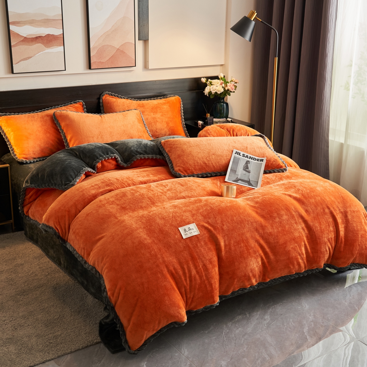 91家纺网 家纺一手货源 找家纺 早晨家纺 2025新款黑金牛奶绒纯色可拆洗冬被风格1 黑金-桔色
