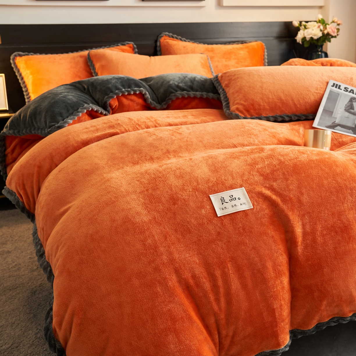 91家纺网 家纺一手货源 找家纺 早晨家纺 2025新款黑金牛奶绒纯色可拆洗冬被风格1 黑金-桔色