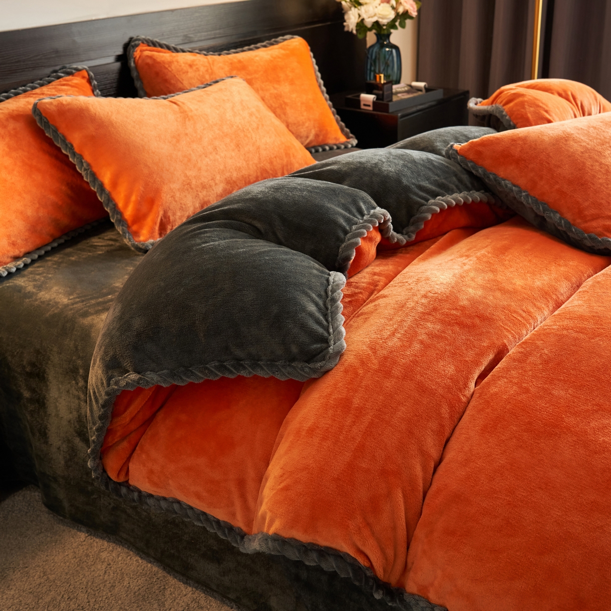91家纺网 家纺一手货源 找家纺 早晨家纺 2025新款黑金牛奶绒纯色可拆洗冬被风格1 黑金-桔色