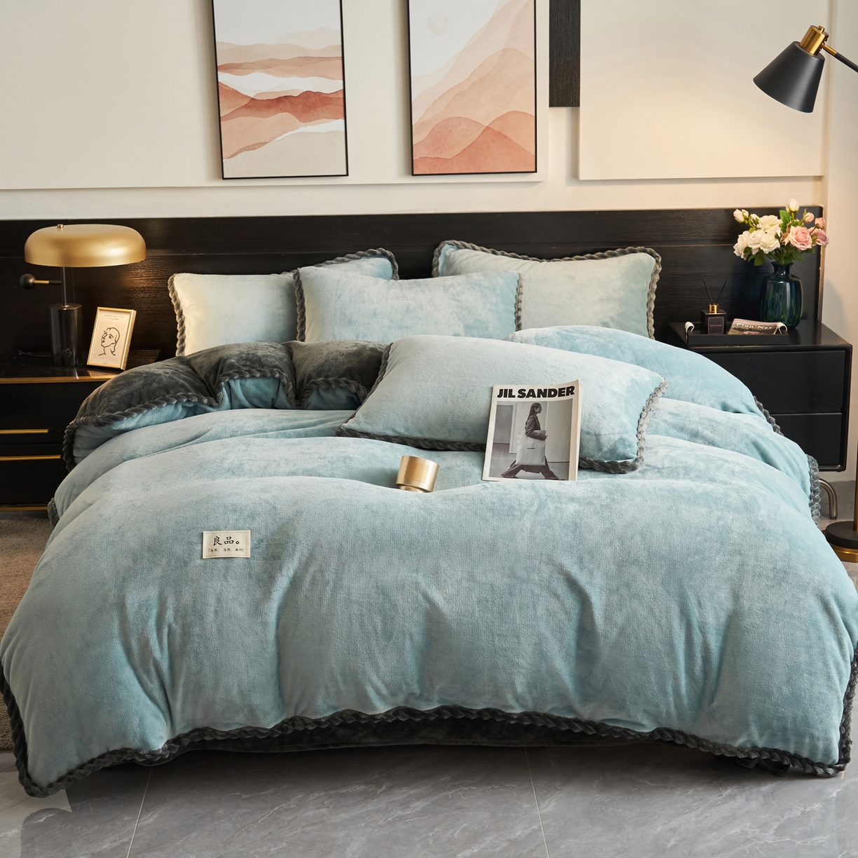 91家纺网 家纺一手货源 找家纺 早晨家纺 2025新款黑金牛奶绒纯色可拆洗冬被风格1 黑金-孔蓝