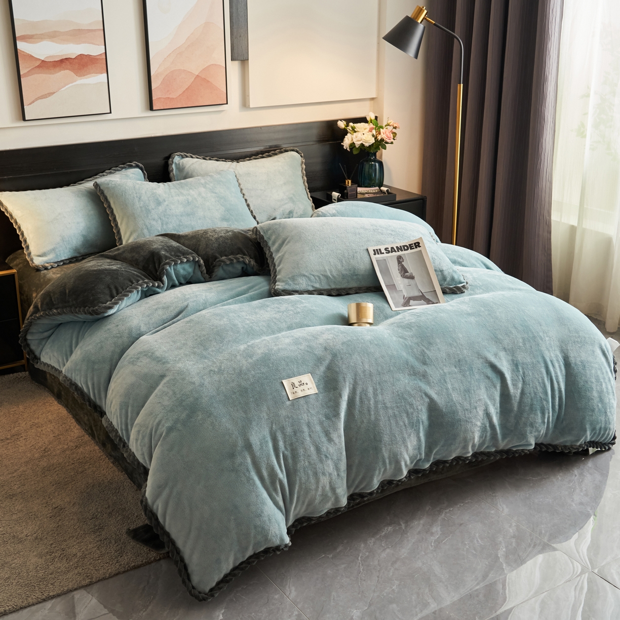 91家纺网 家纺一手货源 找家纺 早晨家纺 2025新款黑金牛奶绒纯色可拆洗冬被风格1 黑金-孔蓝