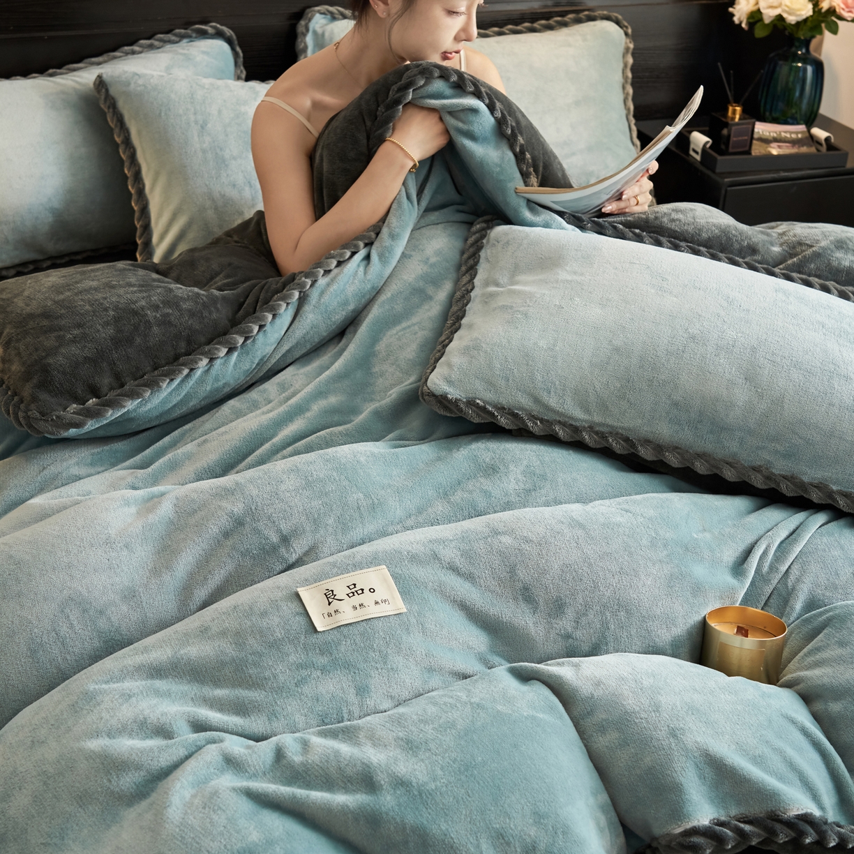 91家纺网 家纺一手货源 找家纺 早晨家纺 2025新款黑金牛奶绒纯色可拆洗冬被风格1 黑金-孔蓝
