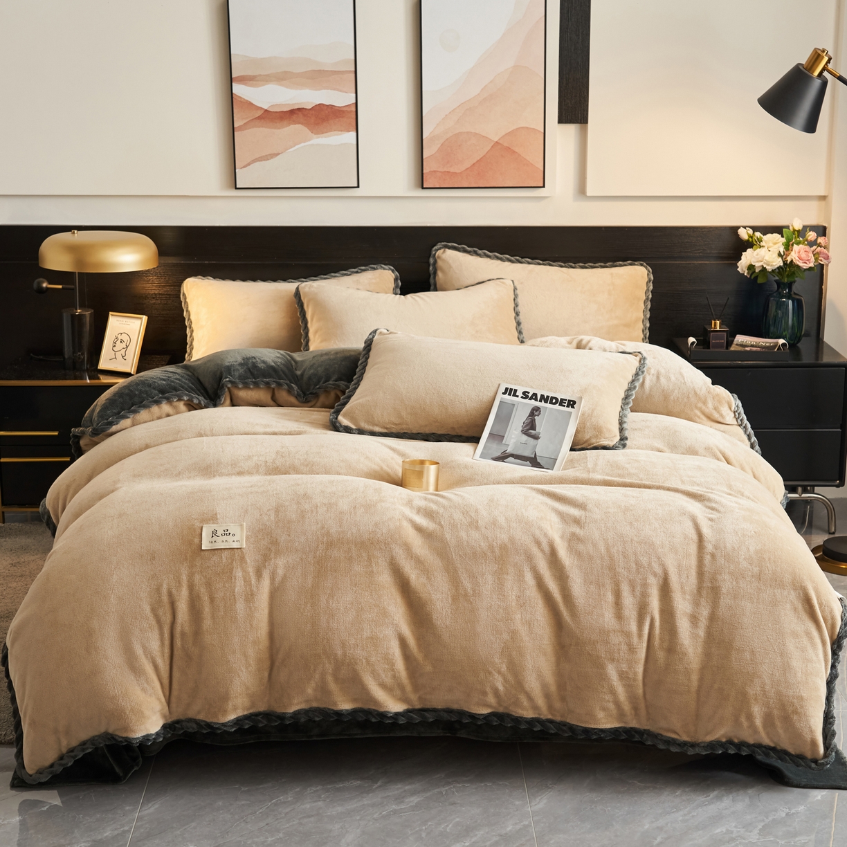91家纺网 家纺一手货源 找家纺 早晨家纺 2025新款黑金牛奶绒纯色可拆洗冬被风格1 黑金-米驼