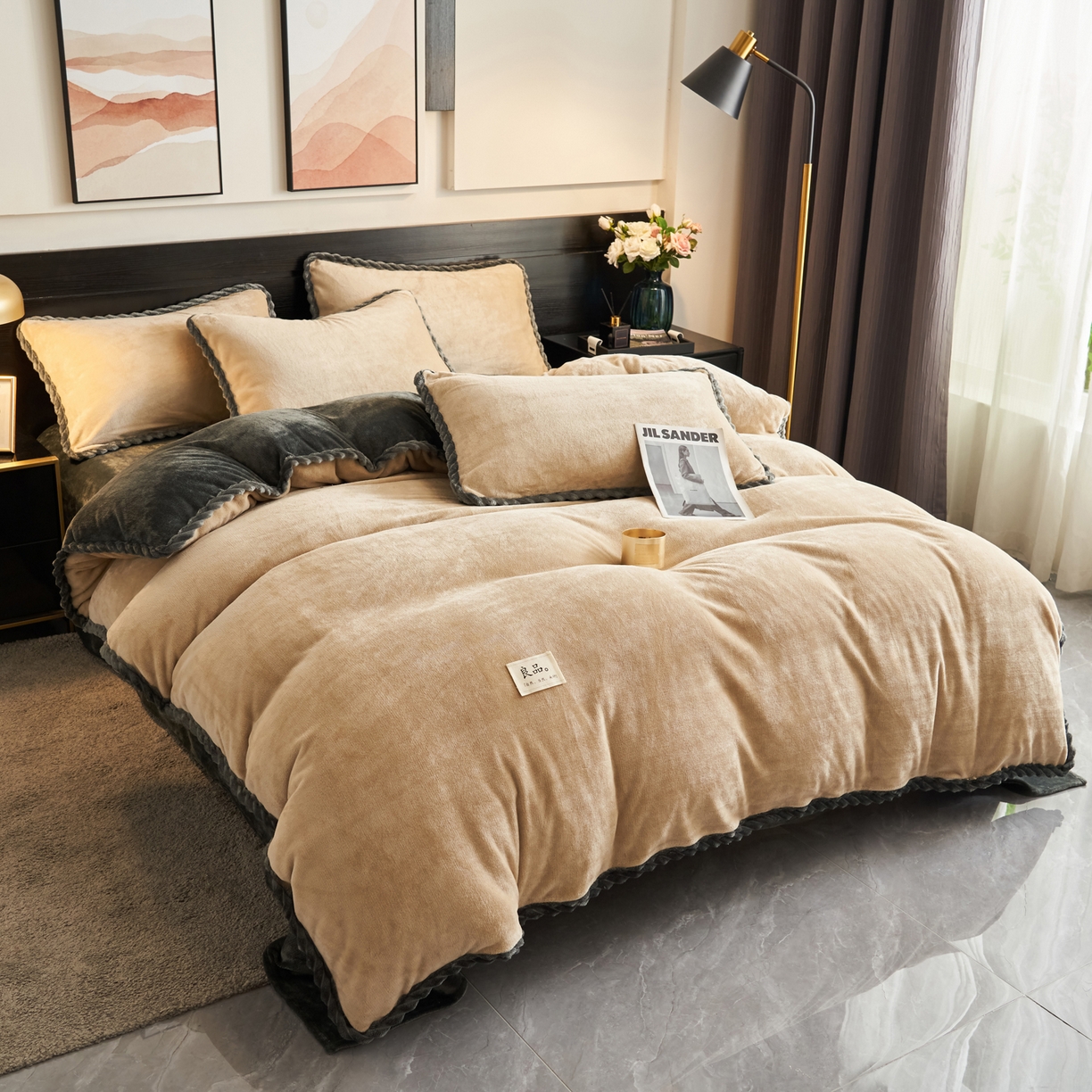 91家纺网 家纺一手货源 找家纺 早晨家纺 2025新款黑金牛奶绒纯色可拆洗冬被风格1 黑金-米驼