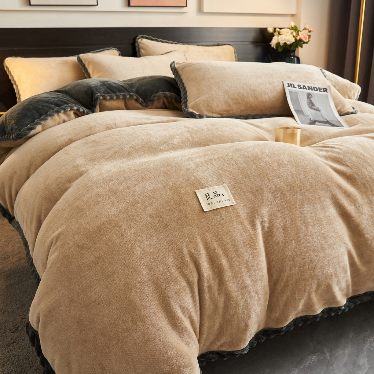 91家纺网 家纺一手货源 找家纺 早晨家纺 2025新款黑金牛奶绒纯色可拆洗冬被风格1 黑金-米驼