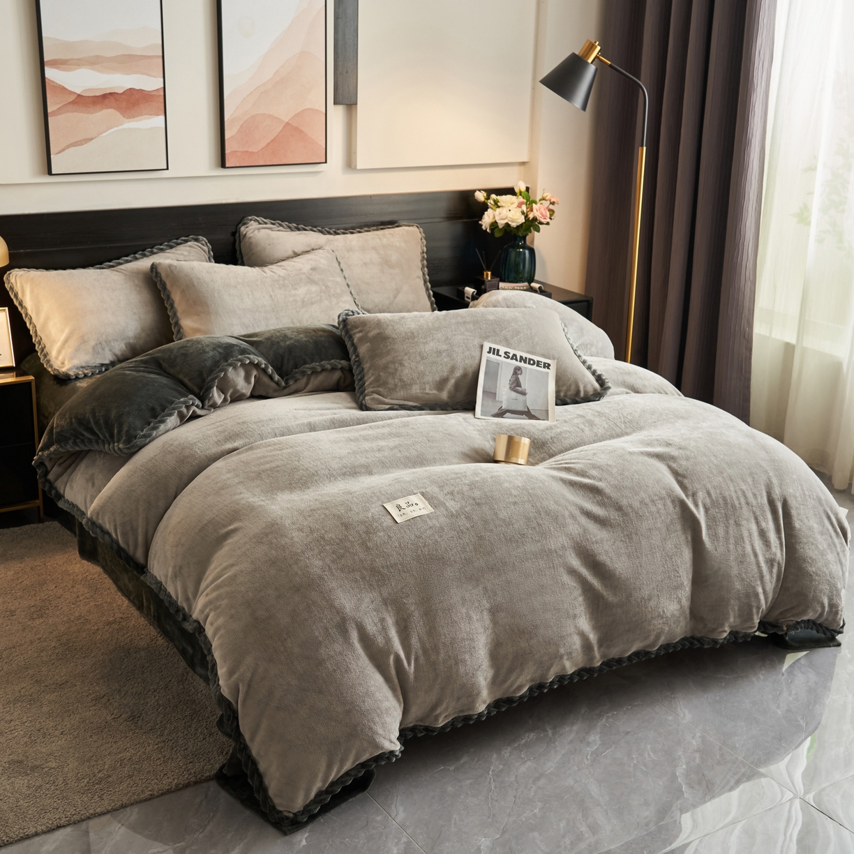 91家纺网 家纺一手货源 找家纺 早晨家纺 2025新款黑金牛奶绒纯色可拆洗冬被风格1 黑金-浅灰