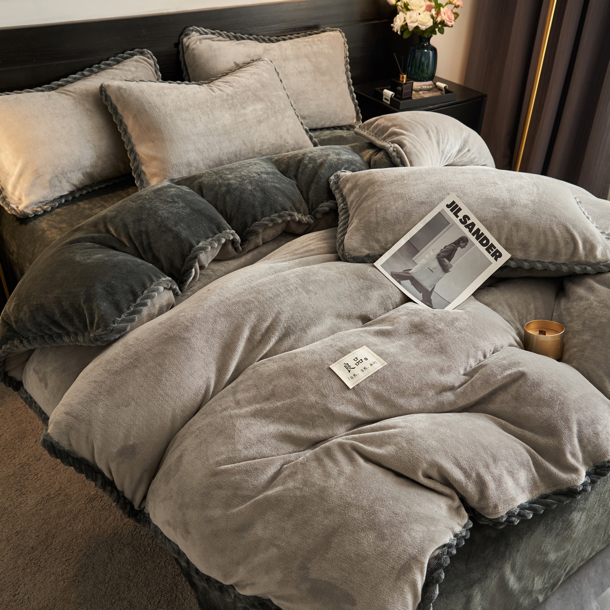 91家纺网 家纺一手货源 找家纺 早晨家纺 2025新款黑金牛奶绒纯色可拆洗冬被风格1 黑金-浅灰