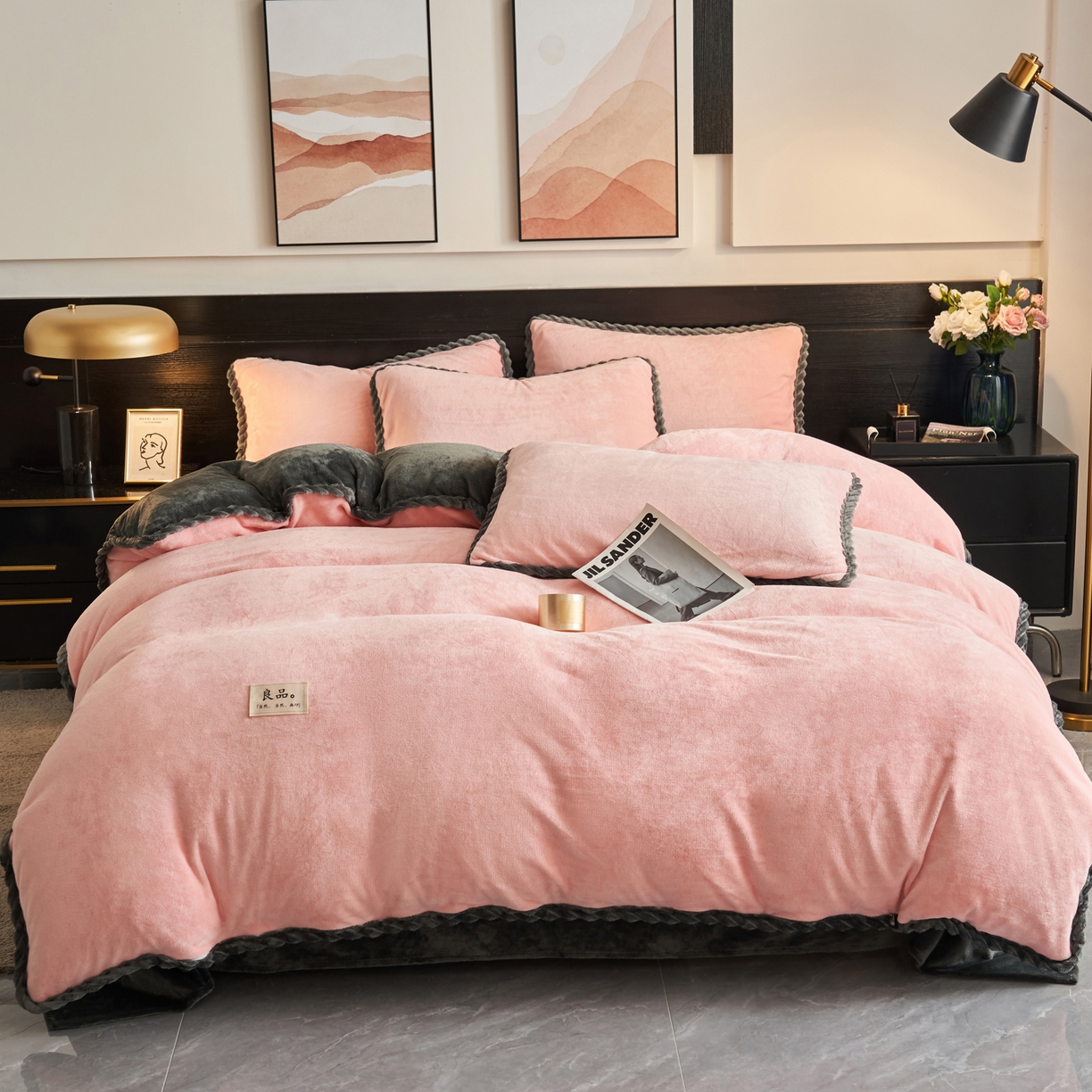 91家纺网 家纺一手货源 找家纺 早晨家纺 2025新款黑金牛奶绒纯色可拆洗冬被风格1 黑金-玉色