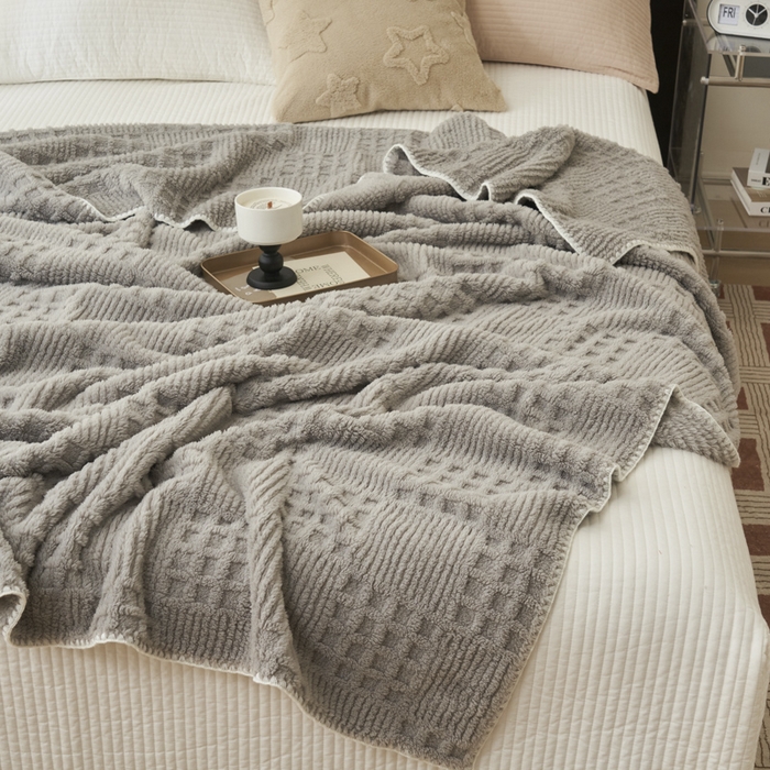 91家纺网 家纺一手货源 找家纺 早晨家纺 2025新款华夫格款-提花单层毛毯 华夫格-银灰