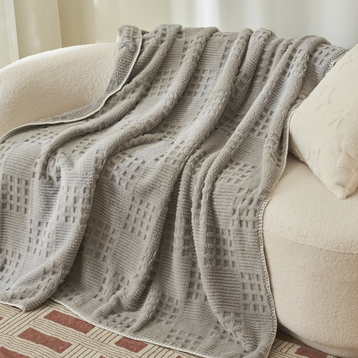 91家纺网 家纺一手货源 找家纺 早晨家纺 2025新款华夫格款-提花单层毛毯 华夫格-银灰
