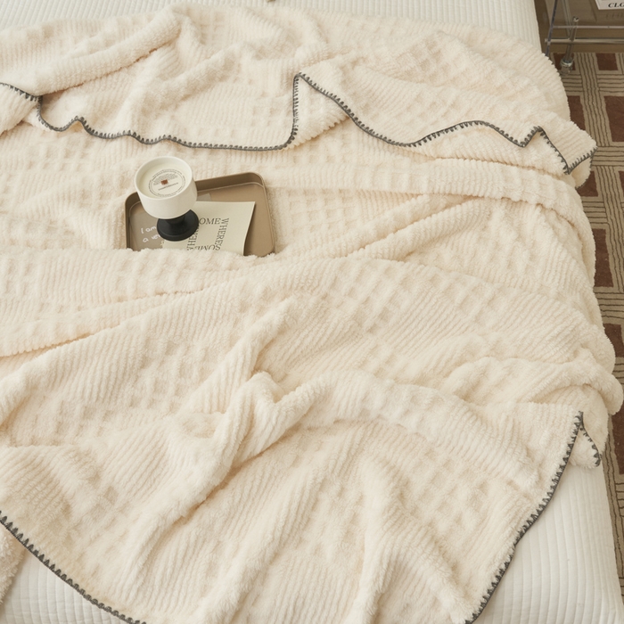 91家纺网 家纺一手货源 找家纺 早晨家纺 2025新款华夫格款-提花单层毛毯 华夫格-奶白