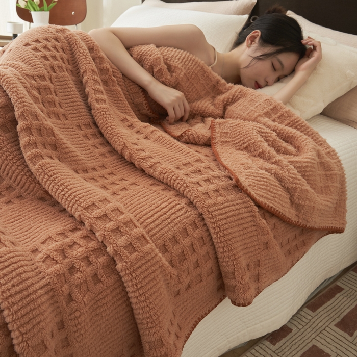 91家纺网 家纺一手货源 找家纺 早晨家纺 2025新款华夫格款-提花单层毛毯 华夫格-焦糖