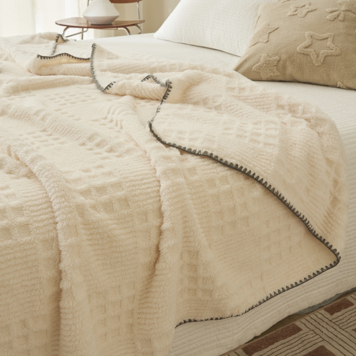 91家纺网 家纺一手货源 找家纺 早晨家纺 2025新款华夫格款-提花单层毛毯 华夫格-奶白