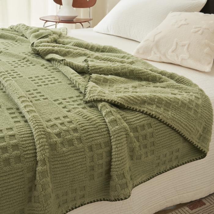 91家纺网 家纺一手货源 找家纺 早晨家纺 2025新款华夫格款-提花单层毛毯 华夫格-草绿