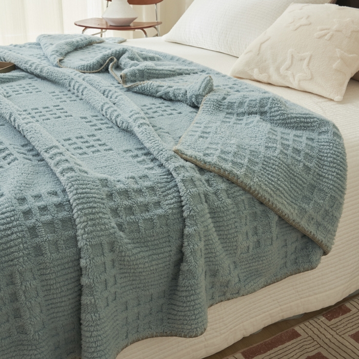 91家纺网 家纺一手货源 找家纺 早晨家纺 2025新款华夫格款-提花单层毛毯 华夫格-孔蓝