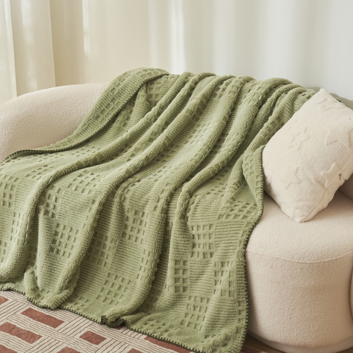 91家纺网 家纺一手货源 找家纺 早晨家纺 2025新款华夫格款-提花单层毛毯 华夫格-草绿