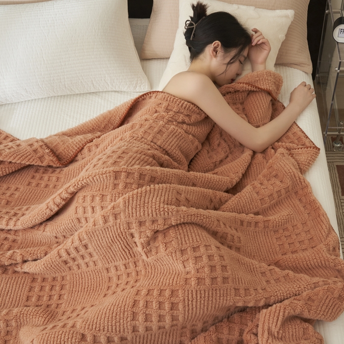 91家纺网 家纺一手货源 找家纺 早晨家纺 2025新款华夫格款-提花单层毛毯 华夫格-焦糖