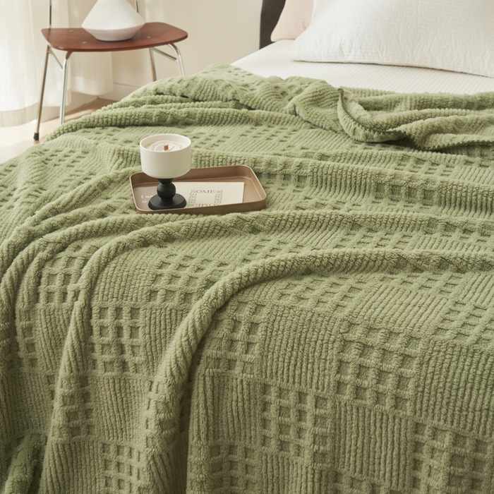91家纺网 家纺一手货源 找家纺 早晨家纺 2025新款华夫格款-提花单层毛毯 华夫格-草绿