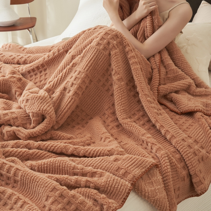 91家纺网 家纺一手货源 找家纺 早晨家纺 2025新款华夫格款-提花单层毛毯 华夫格-焦糖
