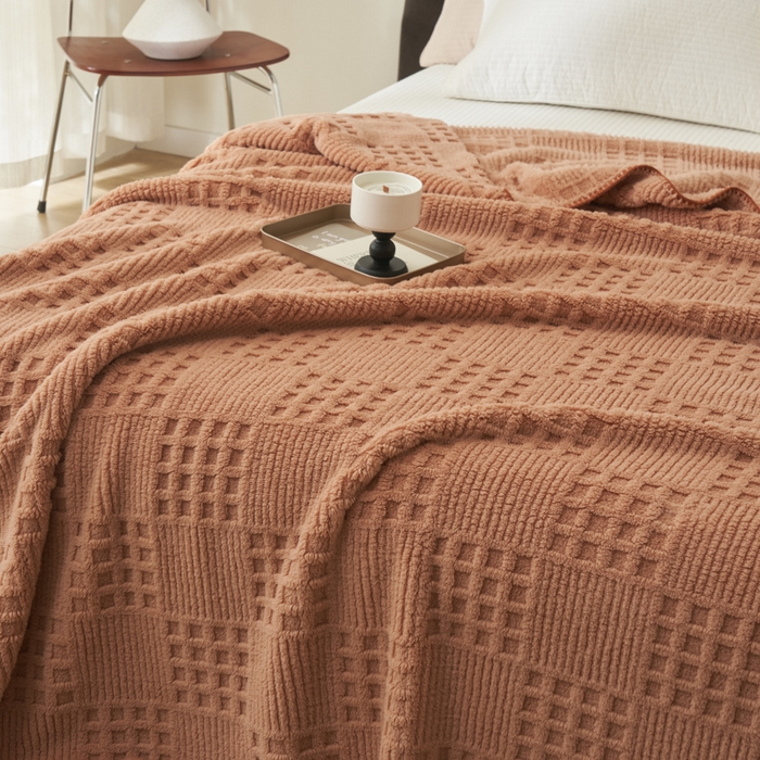 91家纺网 家纺一手货源 找家纺 早晨家纺 2025新款华夫格款-提花单层毛毯 华夫格-焦糖