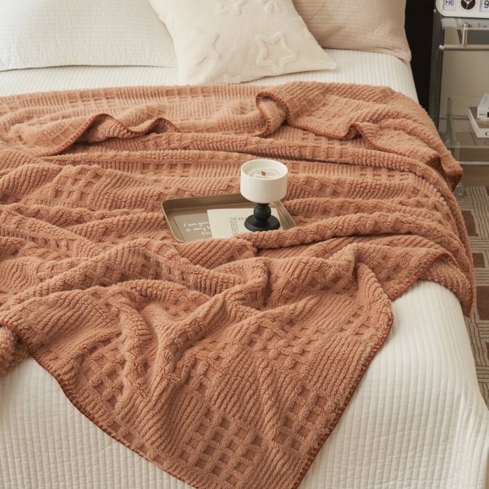 91家纺网 家纺一手货源 找家纺 早晨家纺 2025新款华夫格款-提花单层毛毯 华夫格-焦糖