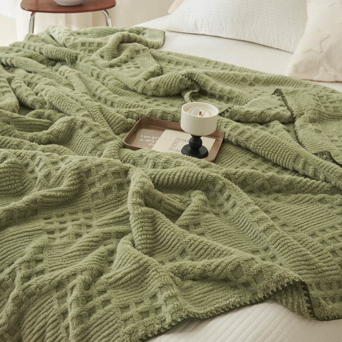 91家纺网 家纺一手货源 找家纺 早晨家纺 2025新款华夫格款-提花单层毛毯 华夫格-草绿