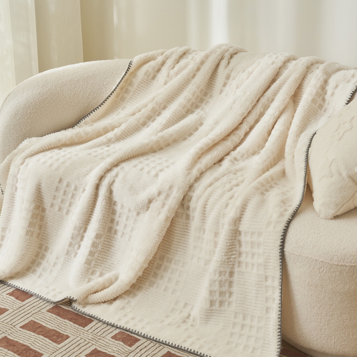 91家纺网 家纺一手货源 找家纺 早晨家纺 2025新款华夫格款-提花单层毛毯 华夫格-奶白