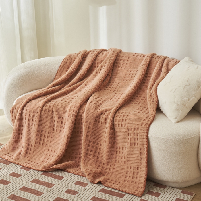 91家纺网 家纺一手货源 找家纺 早晨家纺 2025新款华夫格款-提花单层毛毯 华夫格-焦糖