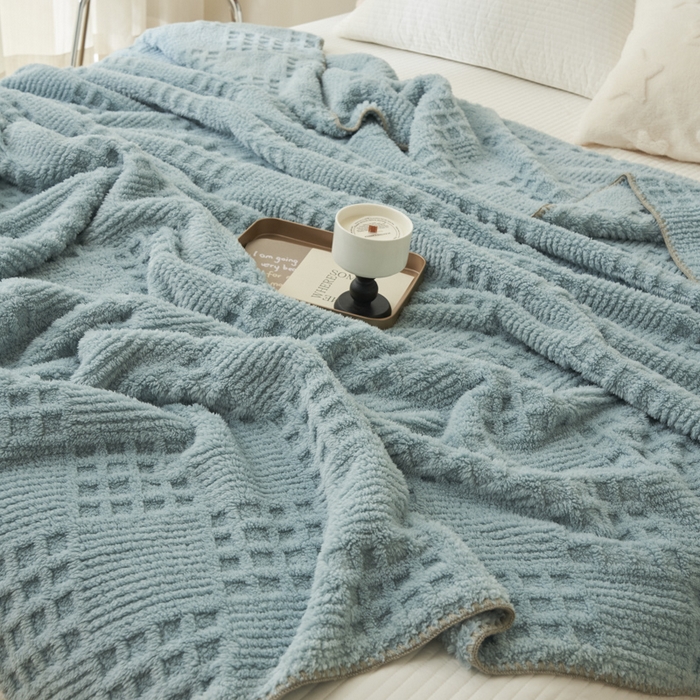 91家纺网 家纺一手货源 找家纺 早晨家纺 2025新款华夫格款-提花单层毛毯 华夫格-孔蓝