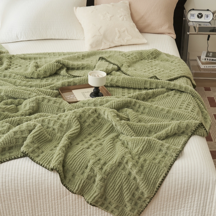 91家纺网 家纺一手货源 找家纺 早晨家纺 2025新款华夫格款-提花单层毛毯 华夫格-草绿