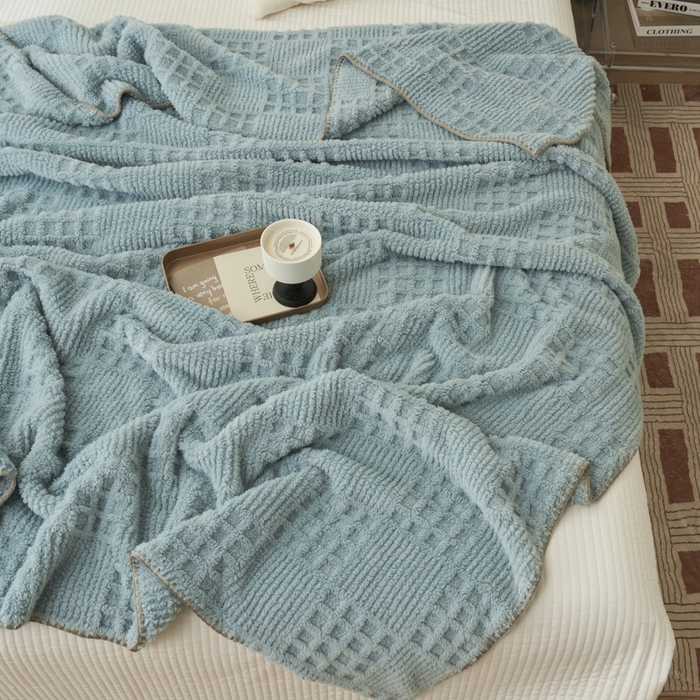 91家纺网 家纺一手货源 找家纺 早晨家纺 2025新款华夫格款-提花单层毛毯 华夫格-孔蓝