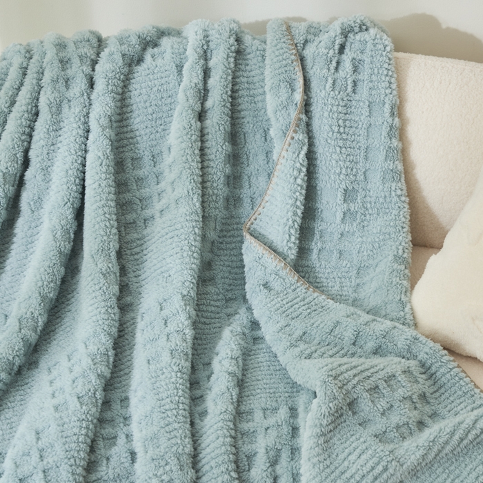 91家纺网 家纺一手货源 找家纺 早晨家纺 2025新款华夫格款-提花单层毛毯 华夫格-孔蓝