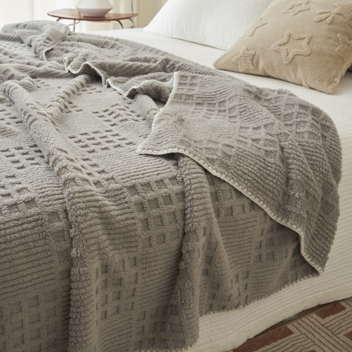 91家纺网 家纺一手货源 找家纺 早晨家纺 2025新款华夫格款-提花单层毛毯 华夫格-银灰