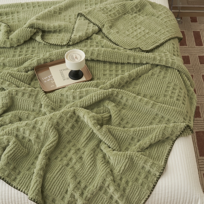 91家纺网 家纺一手货源 找家纺 早晨家纺 2025新款华夫格款-提花单层毛毯 华夫格-草绿