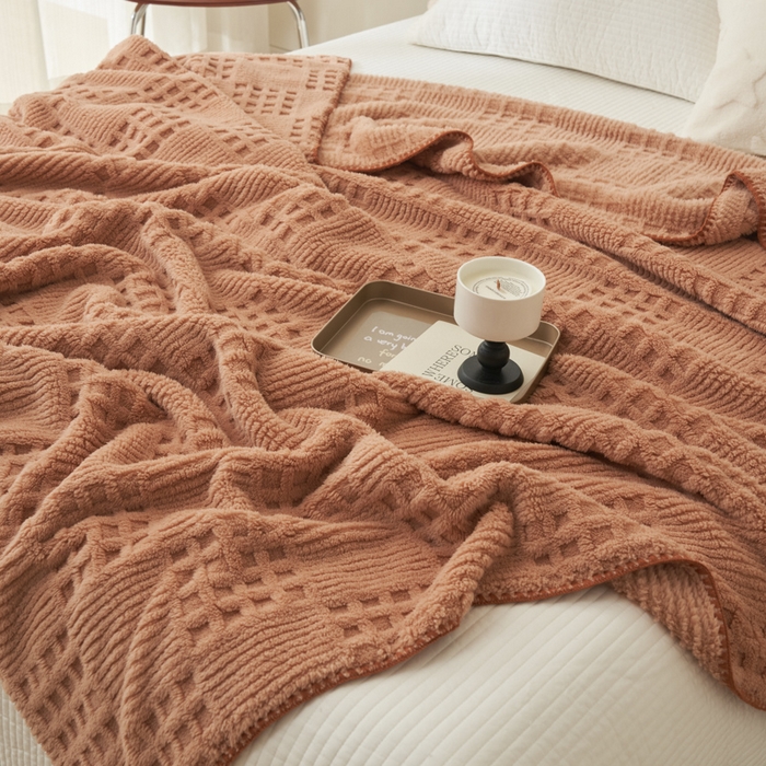 91家纺网 家纺一手货源 找家纺 早晨家纺 2025新款华夫格款-提花单层毛毯 华夫格-焦糖