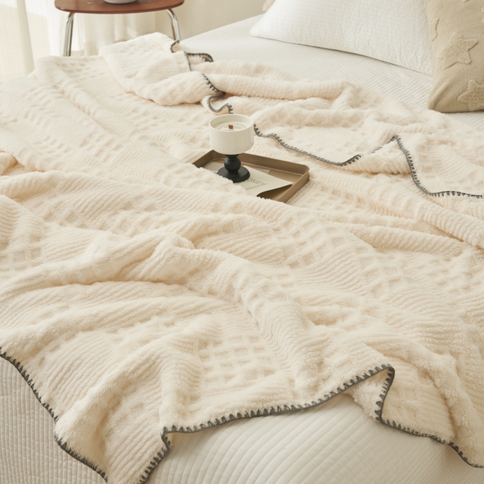 91家纺网 家纺一手货源 找家纺 早晨家纺 2025新款华夫格款-提花单层毛毯 华夫格-奶白