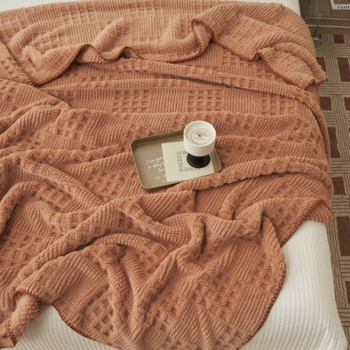 91家纺网 家纺一手货源 找家纺 早晨家纺 2025新款华夫格款-提花单层毛毯 华夫格-焦糖
