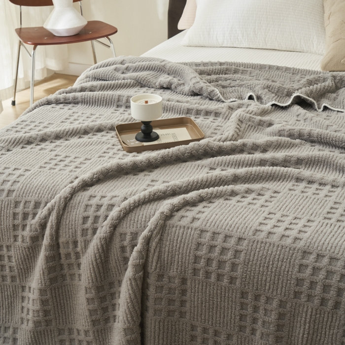 91家纺网 家纺一手货源 找家纺 早晨家纺 2025新款华夫格款-提花单层毛毯 华夫格-银灰