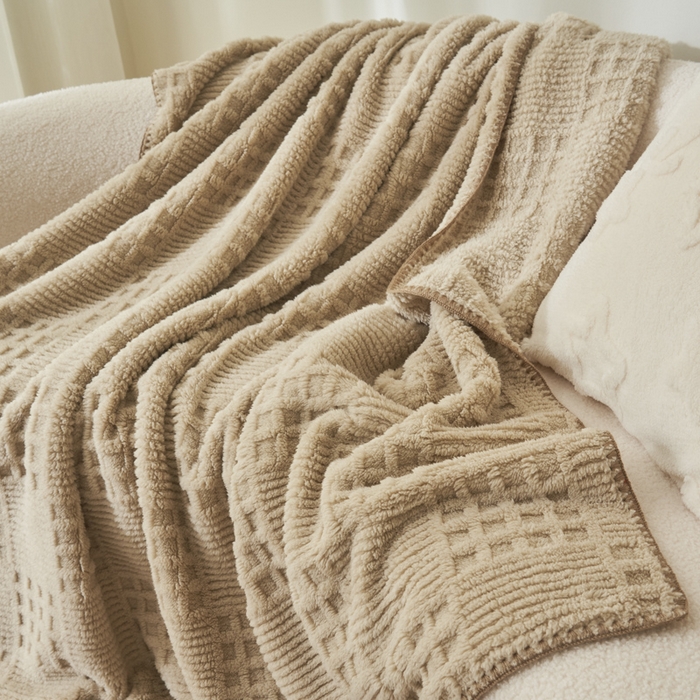 91家纺网 家纺一手货源 找家纺 早晨家纺 2025新款华夫格款-提花单层毛毯 华夫格-米驼
