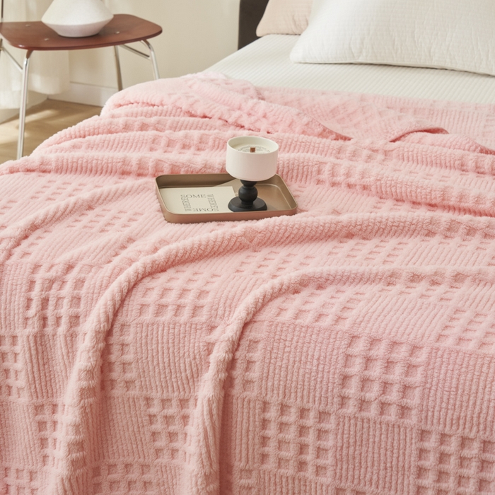 91家纺网 家纺一手货源 找家纺 早晨家纺 2025新款华夫格款-提花单层毛毯 华夫格-粉玉