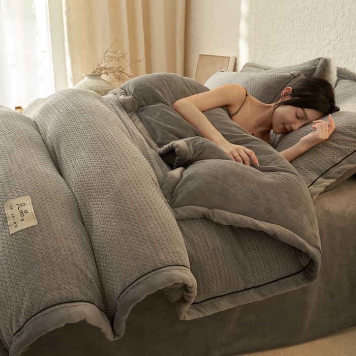 早晨家纺 2025新款青沐款牛奶绒提花-单被套 青沐-浅灰