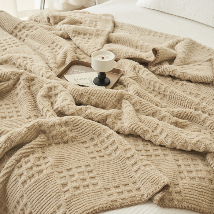 91家纺网 家纺一手货源 找家纺 早晨家纺 2025新款华夫格款-提花单层毛毯 华夫格-米驼