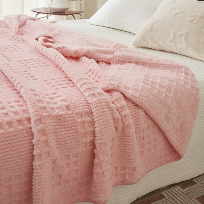 91家纺网 家纺一手货源 找家纺 早晨家纺 2025新款华夫格款-提花单层毛毯 华夫格-粉玉