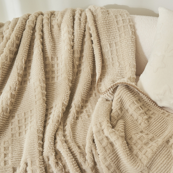 91家纺网 家纺一手货源 找家纺 早晨家纺 2025新款华夫格款-提花单层毛毯 华夫格-米驼