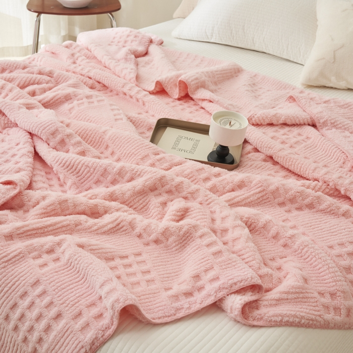 91家纺网 家纺一手货源 找家纺 早晨家纺 2025新款华夫格款-提花单层毛毯 华夫格-粉玉