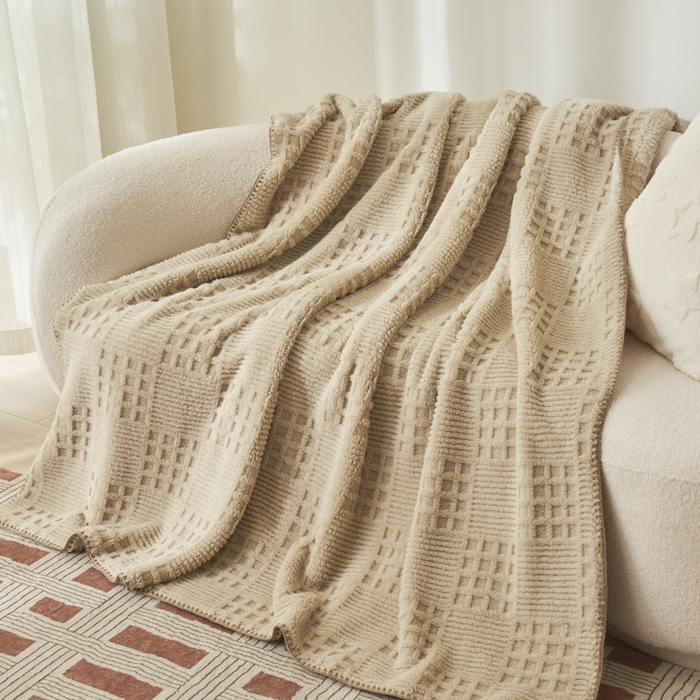 91家纺网 家纺一手货源 找家纺 早晨家纺 2025新款华夫格款-提花单层毛毯 华夫格-米驼