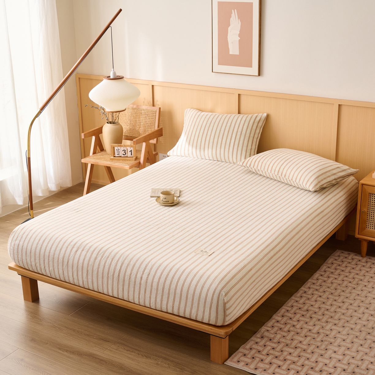 91家纺网 家纺一手货源 找家纺 早晨家纺 2025新款野牧款高克重牛奶绒印花单床笠 野牧-竖条驼