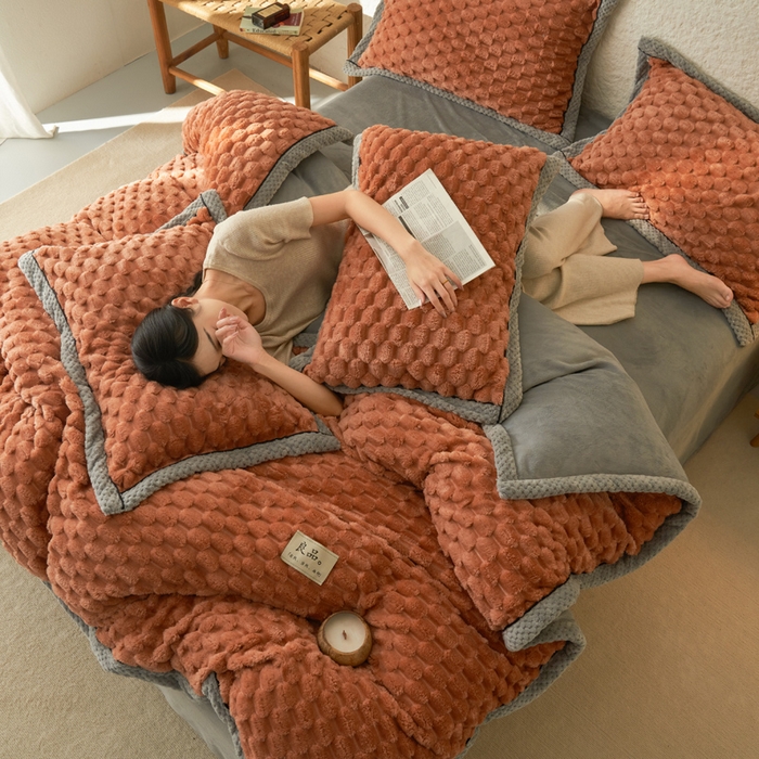 91家纺网 家纺一手货源 找家纺 早晨家纺 2025新款金贵款兔毛绒提花-单被套 金贵-焦糖