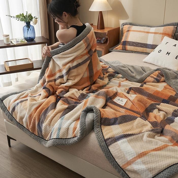 91家纺网 家纺一手货源 找家纺 早晨家纺 2025新款豆豆绒-无印双层毛毯【拉链款】 豆豆绒-大格橙