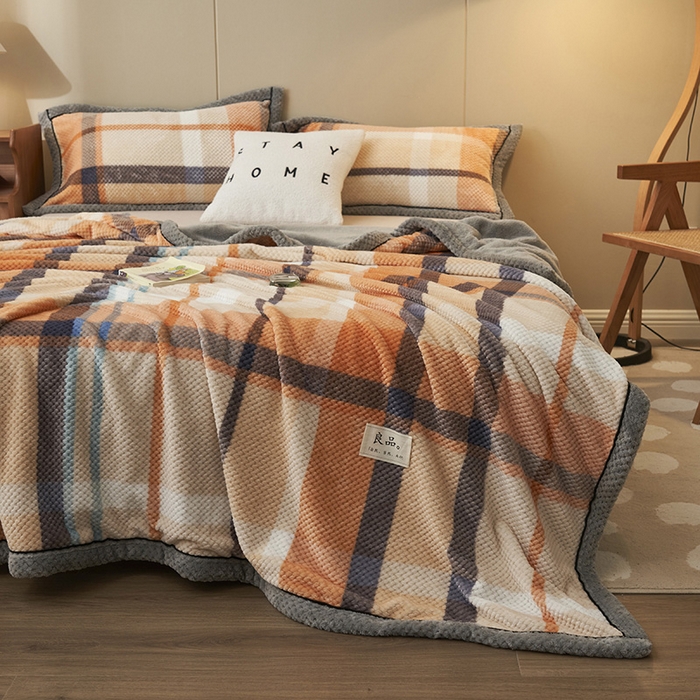 91家纺网 家纺一手货源 找家纺 早晨家纺 2025新款豆豆绒-无印双层毛毯【拉链款】 豆豆绒-大格橙